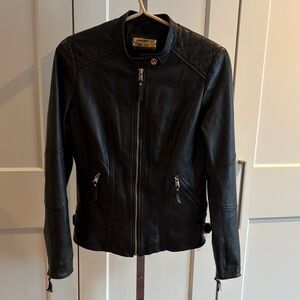Danier Black Leather Jacket with Quilted Shoulders & Gold Detailing
Like New